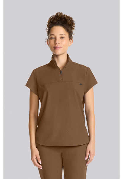 Quest HH752 Women's Partial Zip Stand Collar Scrub Top French Brown