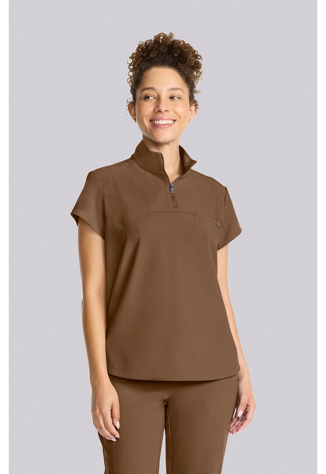 Quest HH752 Women's Partial Zip Stand Collar Scrub Top French Brown