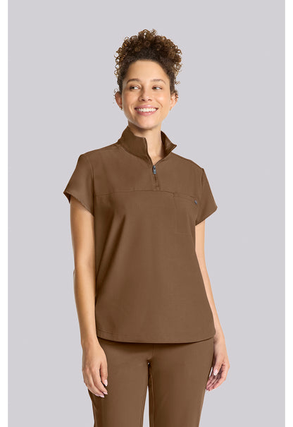 Quest HH752 Women's Partial Zip Stand Collar Scrub Top French Brown