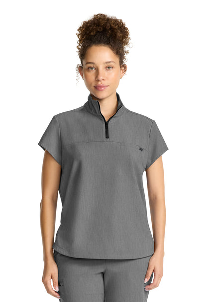 Healing Hands Model Image Women's Partial Zip Stand Collar Top In Color Heather Ash Image 1