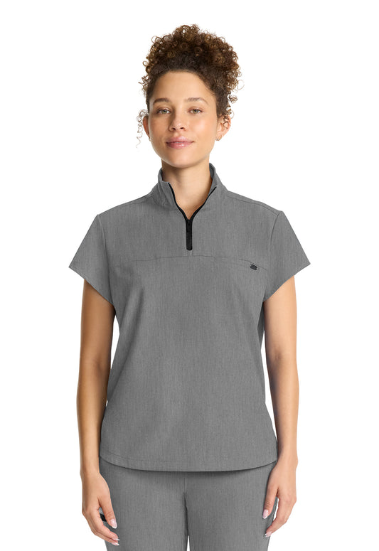 Healing Hands Model Image Women's Partial Zip Stand Collar Top In Color Heather Ash Image 2