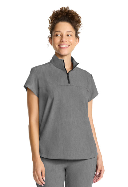 Healing Hands Model Image Women's Partial Zip Stand Collar Top In Color Heather Ash Image 4