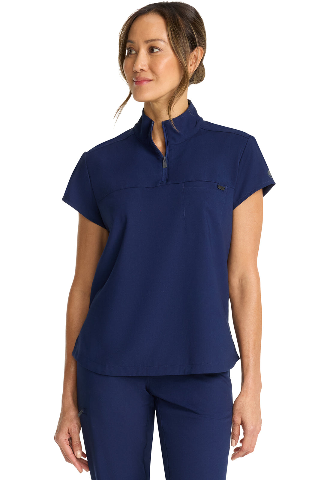 Healing Hands Model Image Women's Partial Zip Stand Collar Top In Color Navy Image 2