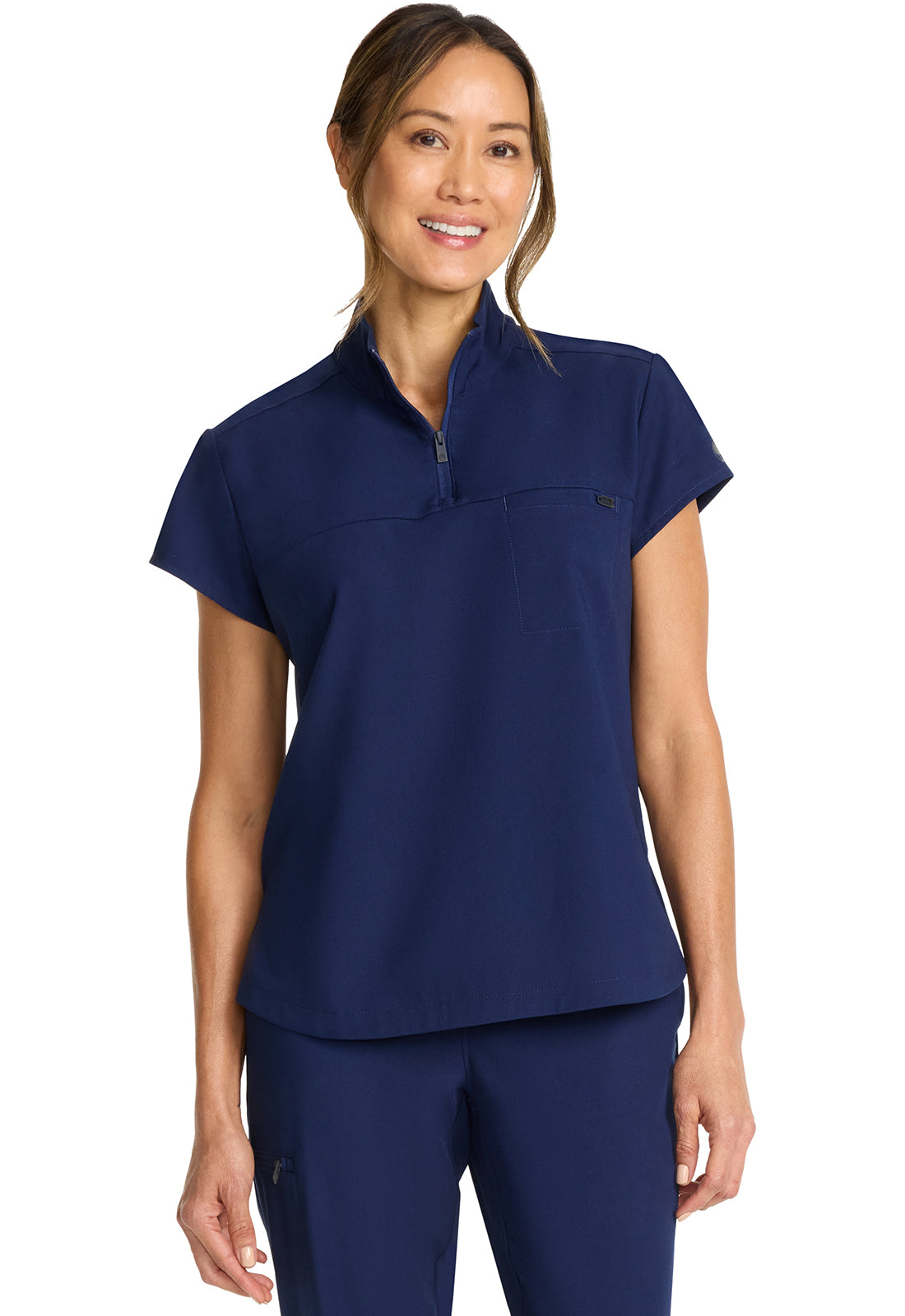 Healing Hands Model Image Women's Partial Zip Stand Collar Top In Color Navy Image 4