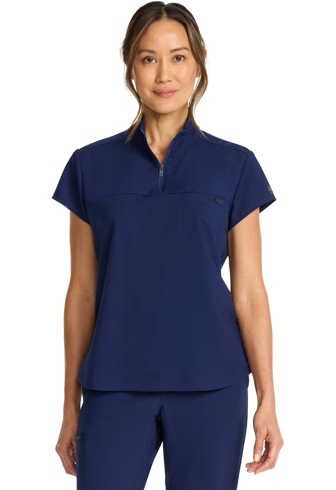 Healing Hands Model Image Women's Partial Zip Stand Collar Top In Color Navy Image 1