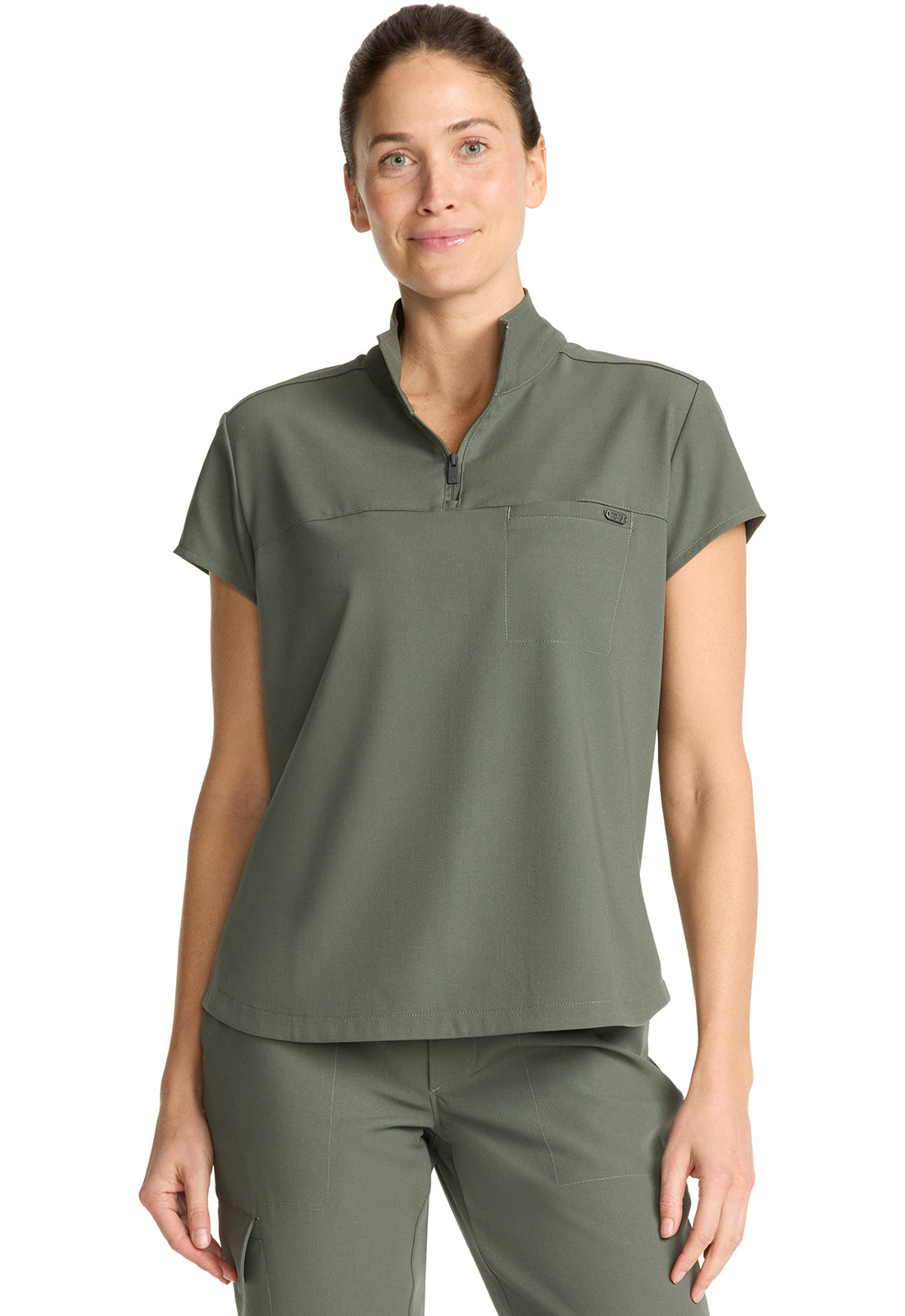 Healing Hands Model Image Women's Partial Zip Stand Collar Top In Color Olive Image 1