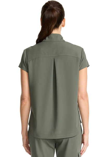 Healing Hands Model Image Women's Partial Zip Stand Collar Top In Color Olive Image 3