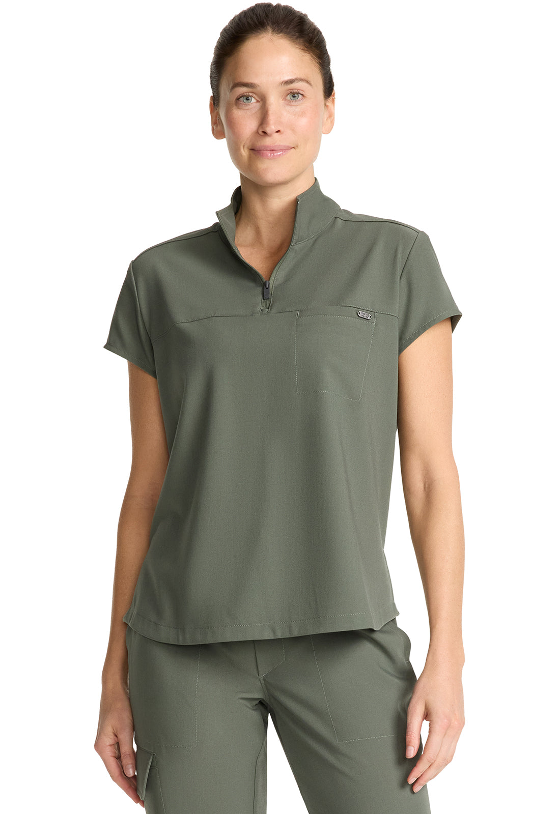 Healing Hands Model Image Women's Partial Zip Stand Collar Top In Color Olive Image 2