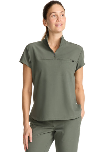 Healing Hands Model Image Women's Partial Zip Stand Collar Top In Color Olive Image 4