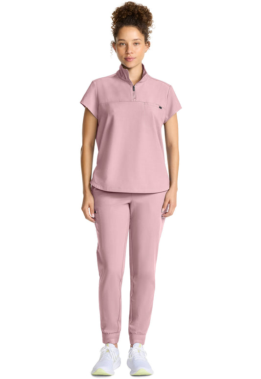 Quest HH752 Women's Partial Zip Stand Collar Scrub Top Pink Pearl