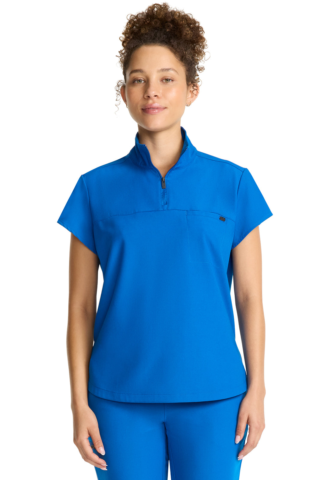 Healing Hands Model Image Women's Partial Zip Stand Collar Top In Color Royal Image 2