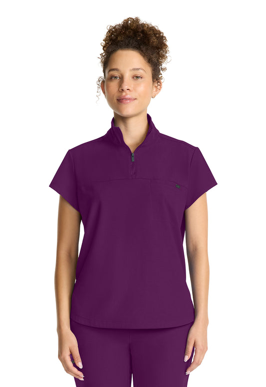 Healing Hands Model Image Women's Partial Zip Stand Collar Top In Color Wine Image 2