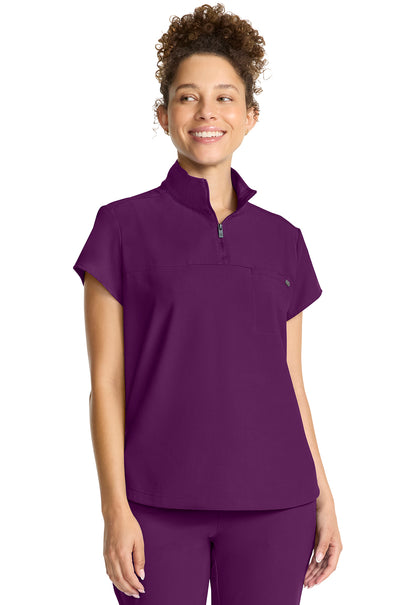 Healing Hands Model Image Women's Partial Zip Stand Collar Top In Color Wine Image 4