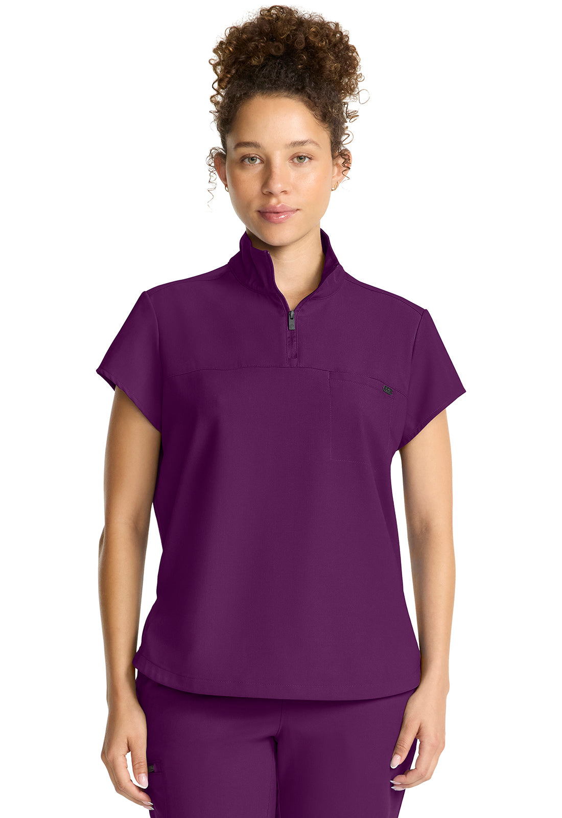 Healing Hands Model Image Women's Partial Zip Stand Collar Top In Color Wine Image 1