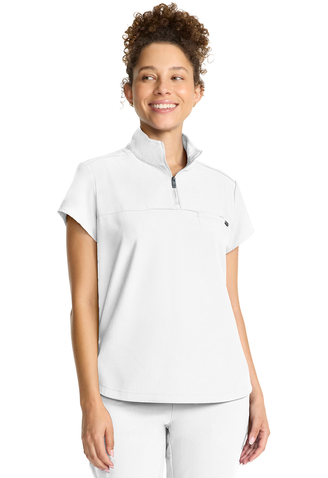 Healing Hands Model Image Women's Partial Zip Stand Collar Top In Color White Gardenia Image 4