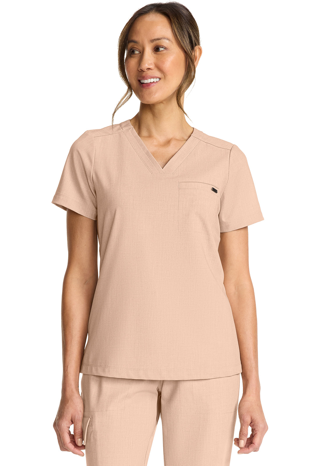 Healing Hands Model Image Women's Tuck-in V-Neck Top In Color Desert Taupe Image 2