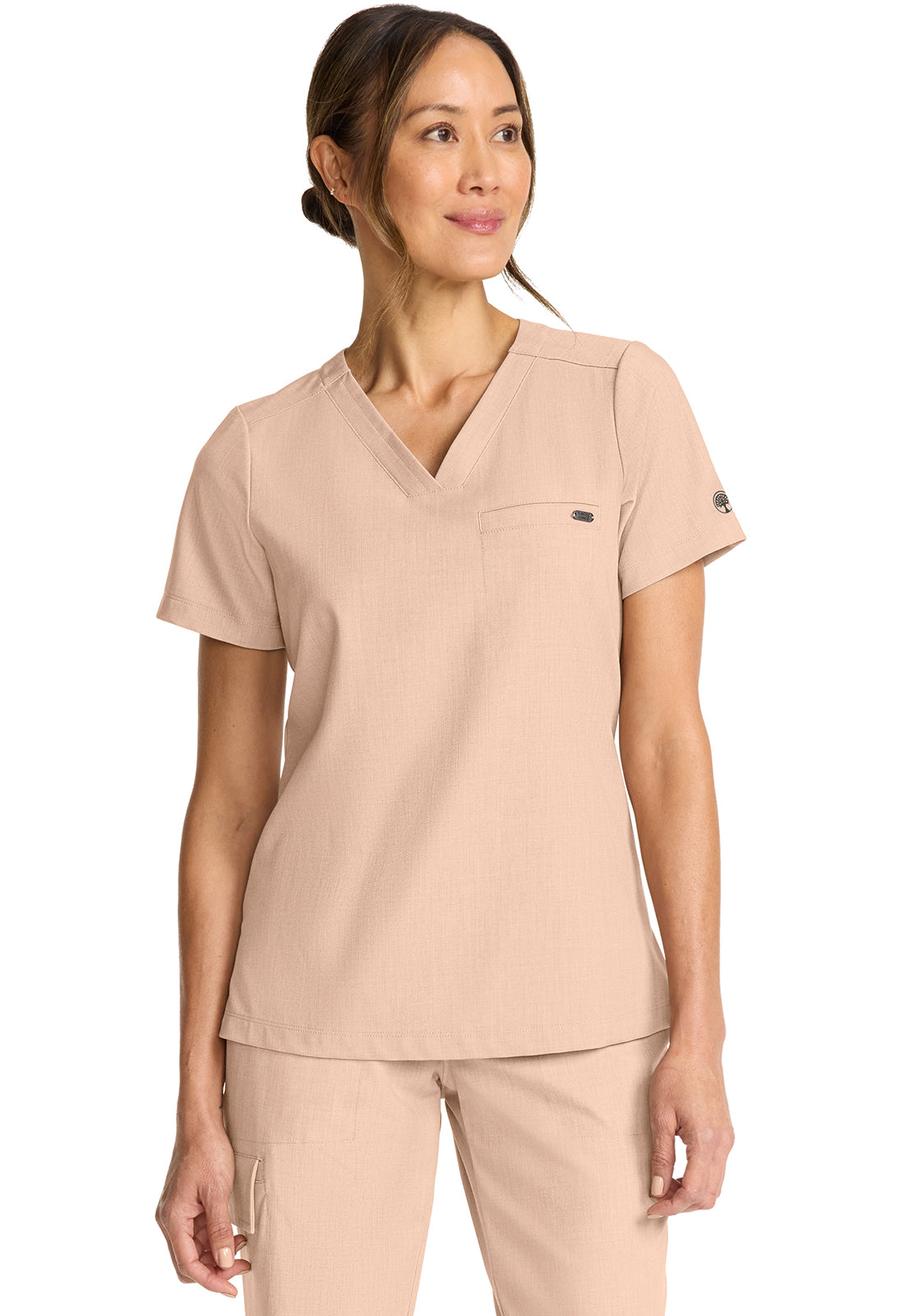 Healing Hands Model Image Women's Tuck-in V-Neck Top In Color Desert Taupe Image 4