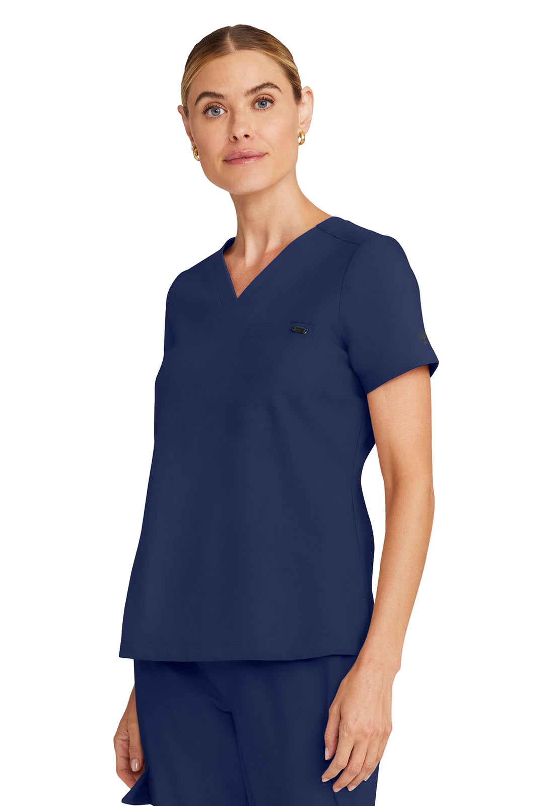 Healing Hands Model Image Women's Tuck-in V-Neck Top In Color Navy Image 2