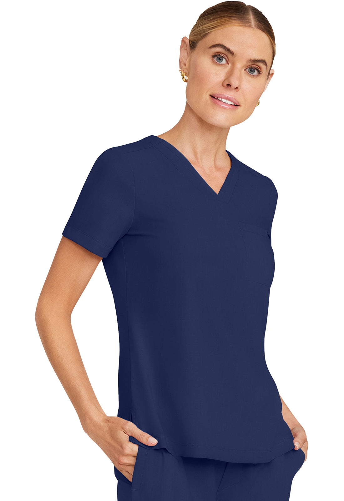 Healing Hands Model Image Women's Tuck-in V-Neck Top In Color Navy Image 4