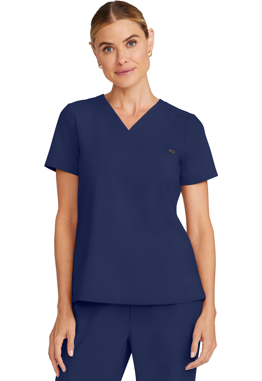 Healing Hands Model Image Women's Tuck-in V-Neck Top In Color Navy Image 1