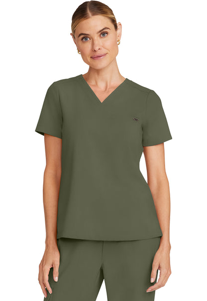 Healing Hands Model Image Women's Tuck-in V-Neck Top In Color Olive Image 1