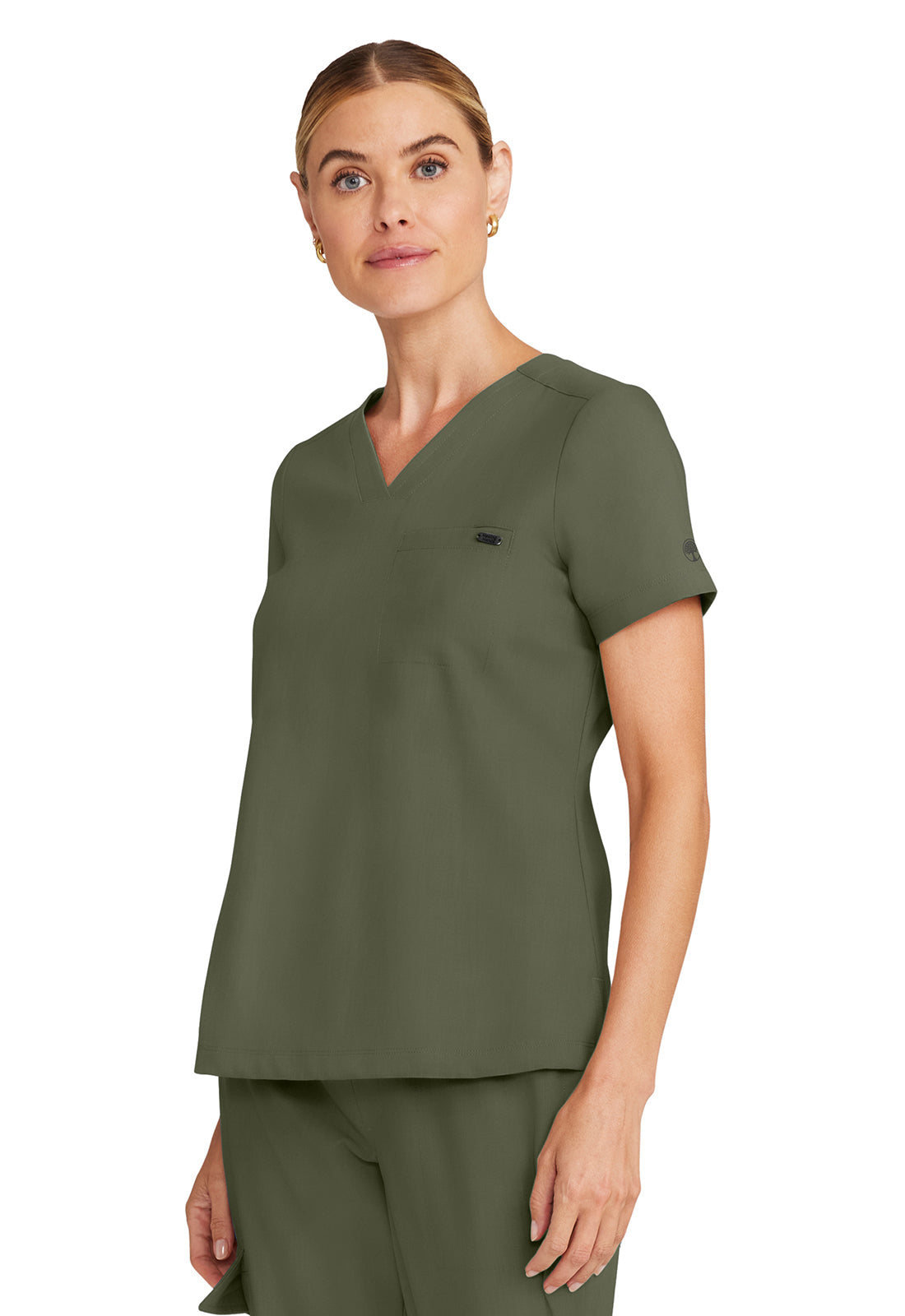 Healing Hands Model Image Women's Tuck-in V-Neck Top In Color Olive Image 2