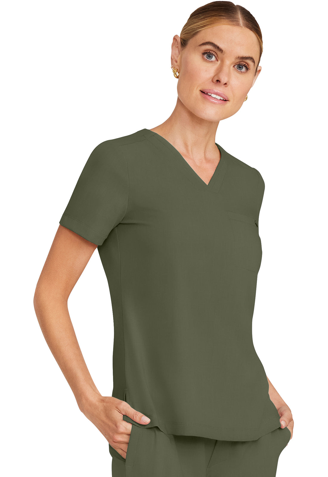 Healing Hands Model Image Women's Tuck-in V-Neck Top In Color Olive Image 4