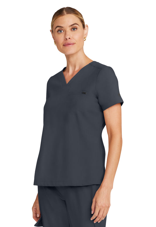 Healing Hands Model Image Women's Tuck-in V-Neck Top In Color Pewter Image 2