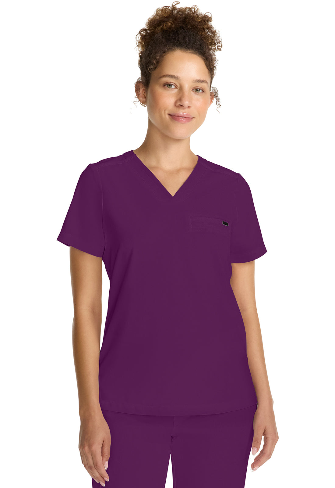 Healing Hands Model Image Women's Tuck-in V-Neck Top In Color Wine Image 4