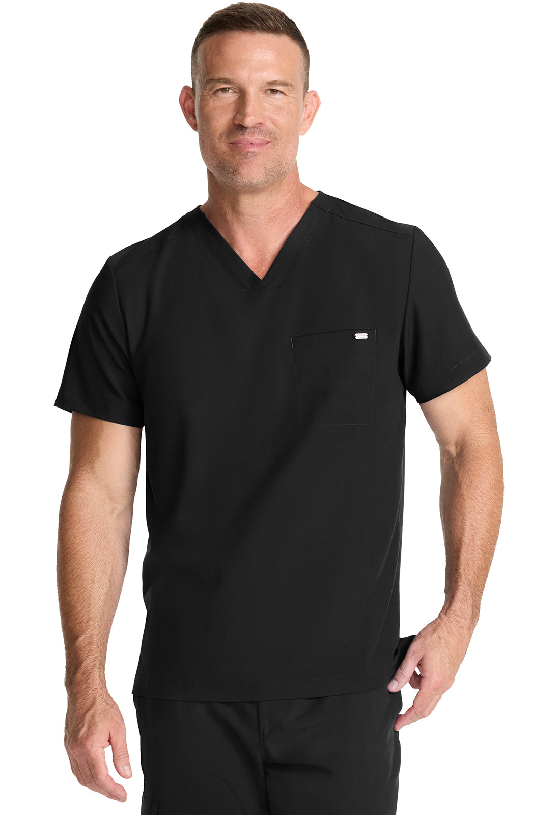 Healing Hands Model Image Men's 1 Pocket V-Neck Top In Color Black Image 2