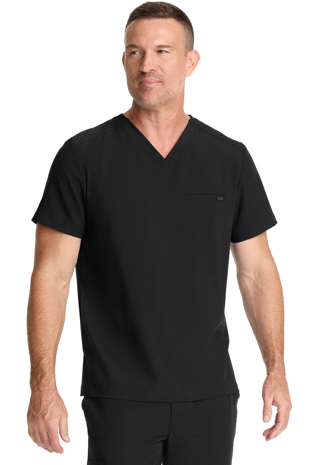 Healing Hands Model Image Men's 1 Pocket V-Neck Top In Color Black Image 4