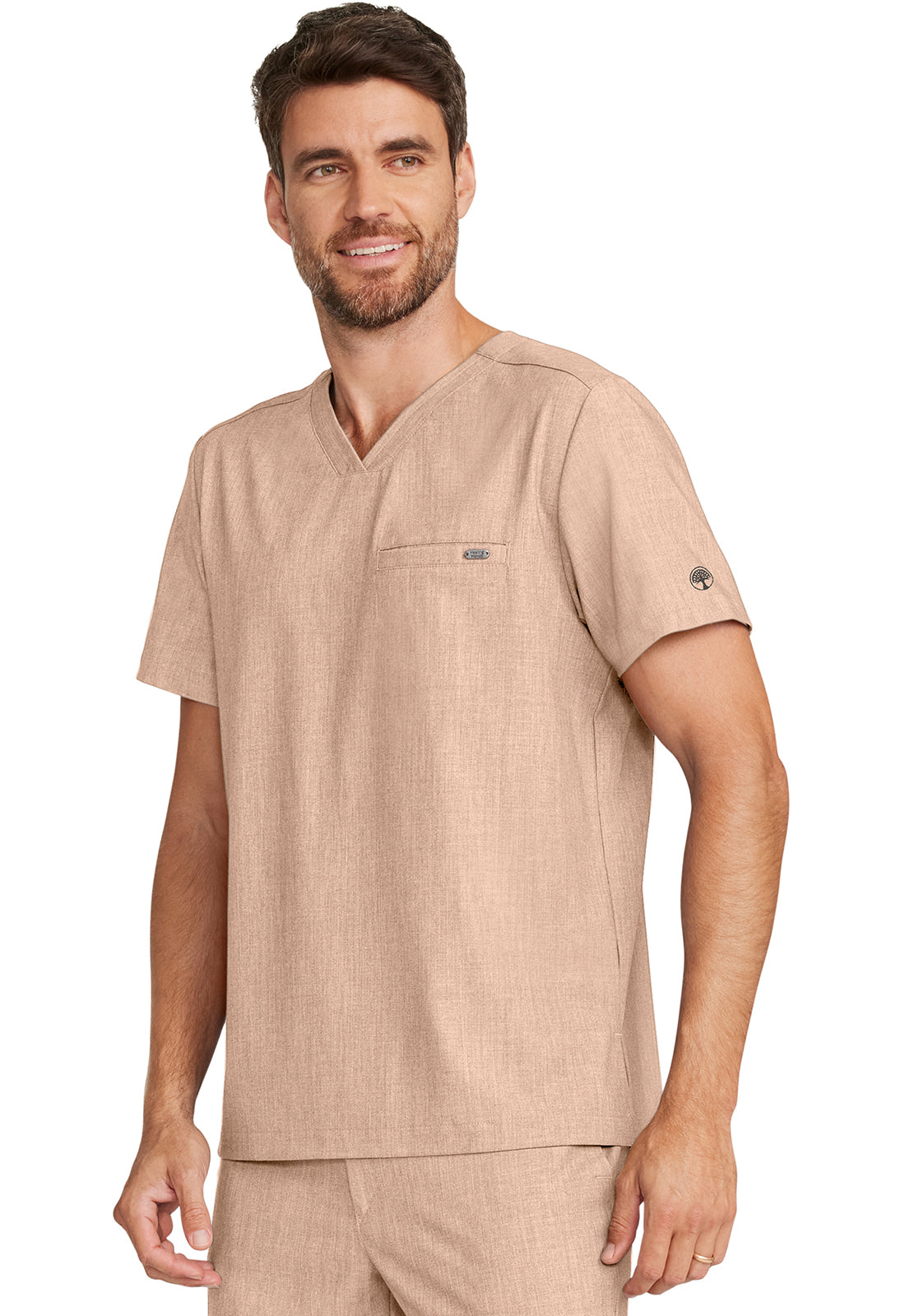 Healing Hands Model Image Men's 1 Pocket V-Neck Top In Color Desert Taupe Image 2