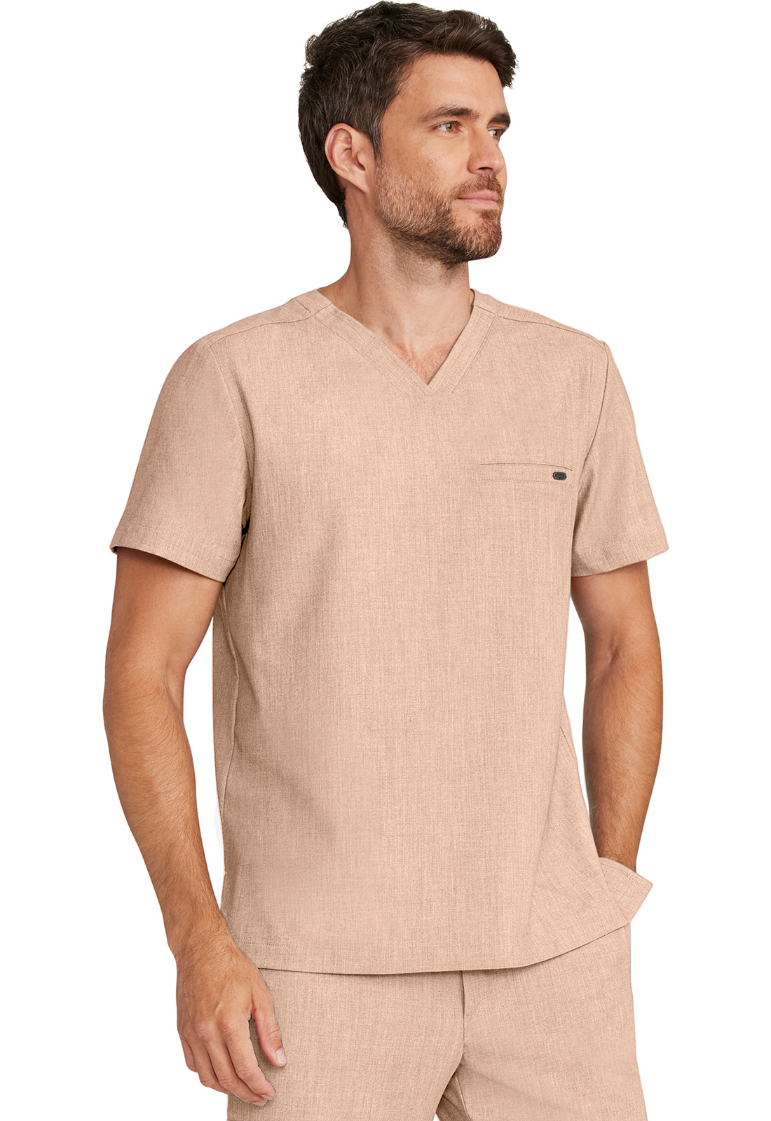 Healing Hands Model Image Men's 1 Pocket V-Neck Top In Color Desert Taupe Image 4