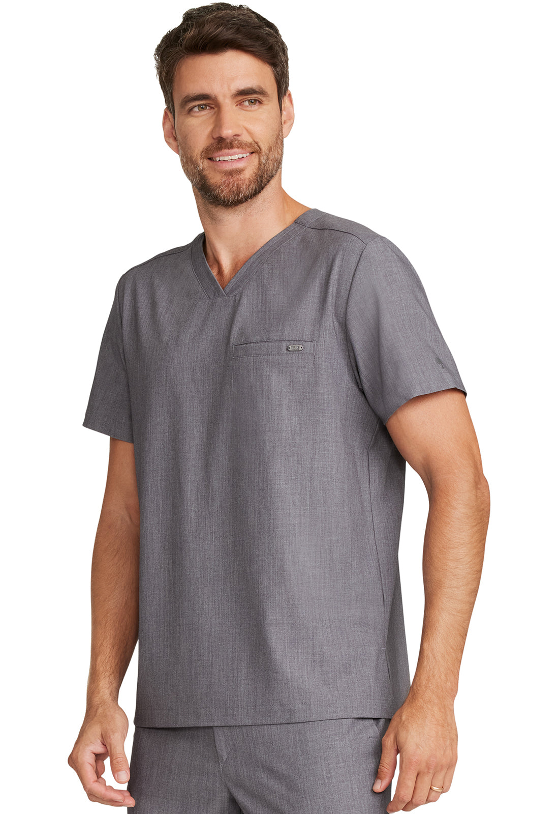 Healing Hands Model Image Men's 1 Pocket V-Neck Top In Color Heather Ash Image 2