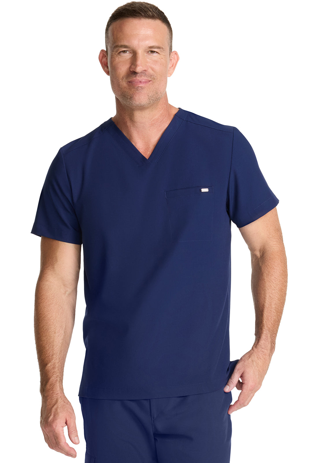 Healing Hands Model Image Men's 1 Pocket V-Neck Top In Color Navy Image 2