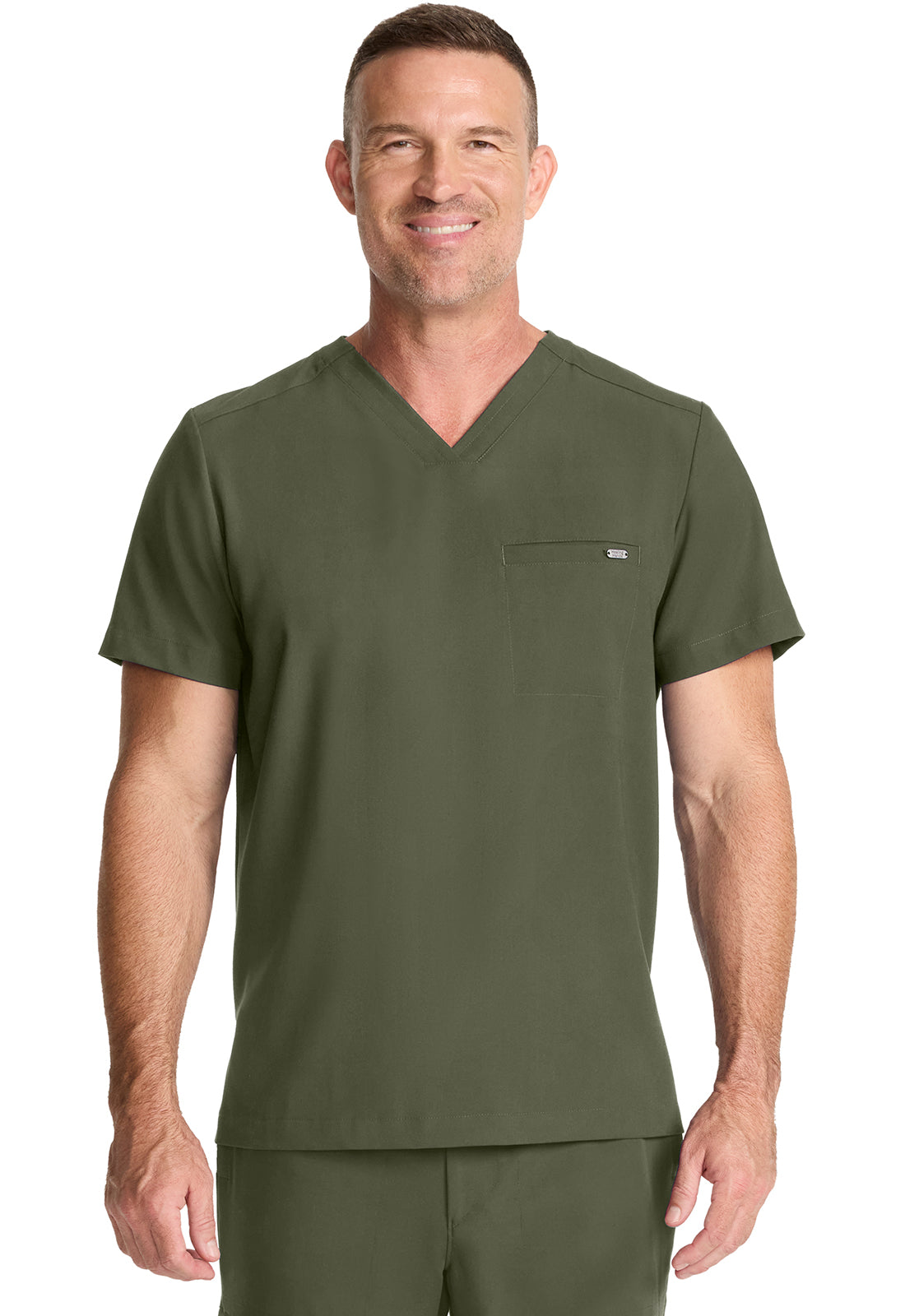 Healing Hands Model Image Men's 1 Pocket V-Neck Top In Color Olive Image 1