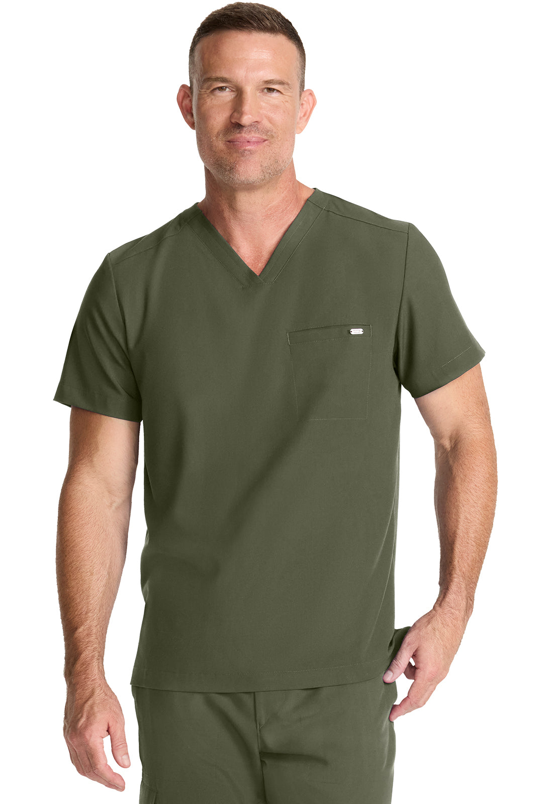 Healing Hands Model Image Men's 1 Pocket V-Neck Top In Color Olive Image 2