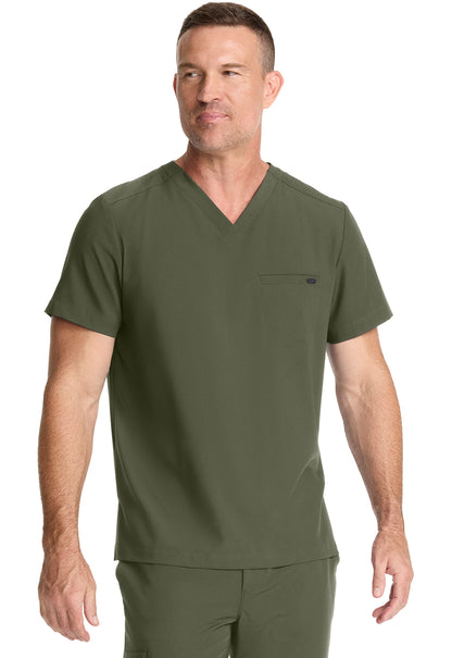 Healing Hands Model Image Men's 1 Pocket V-Neck Top In Color Olive Image 4