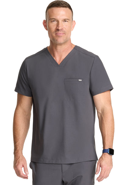 Healing Hands Model Image Men's 1 Pocket V-Neck Top In Color Pewter Image 2