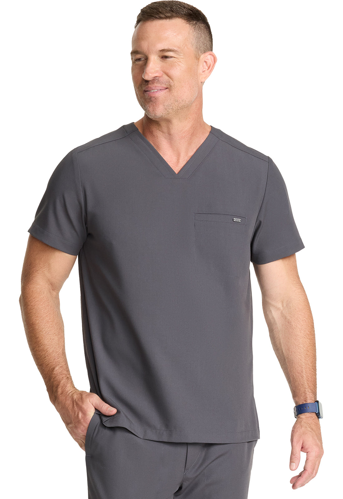 Healing Hands Model Image Men's 1 Pocket V-Neck Top In Color Pewter Image 4