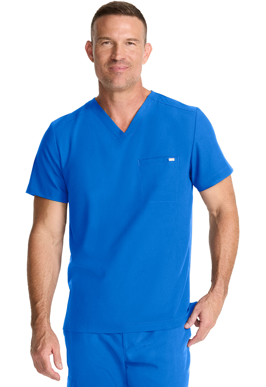 Healing Hands Model Image Men's 1 Pocket V-Neck Top In Color Royal Image 2