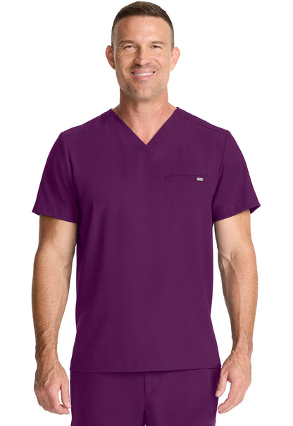 Healing Hands Model Image Men's 1 Pocket V-Neck Top In Color Wine Image 1