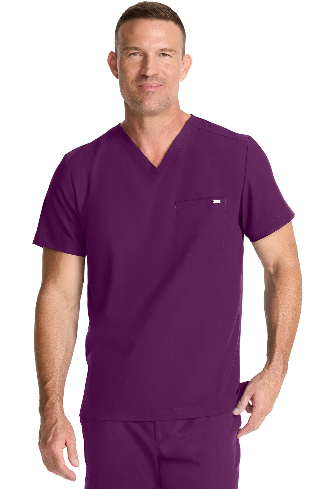 Healing Hands Model Image Men's 1 Pocket V-Neck Top In Color Wine Image 2