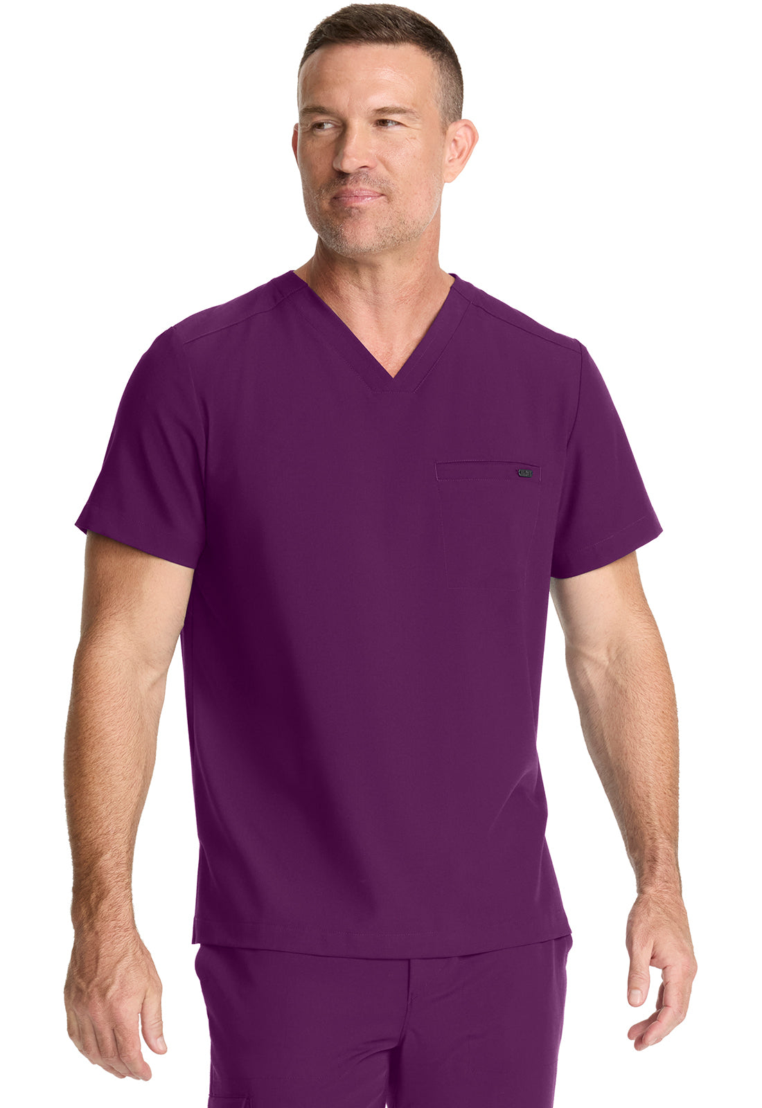 Healing Hands Model Image Men's 1 Pocket V-Neck Top In Color Wine Image 4