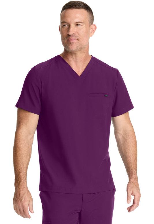 Healing Hands Model Image Men's 1 Pocket V-Neck Top In Color Wine Image 4