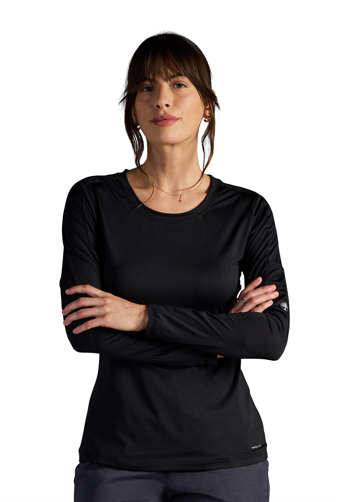 X DR KWANE HH809 Valerie Long Sleeve Scoop Neck Tee Shirt Black Model Image Front | Healing Hands