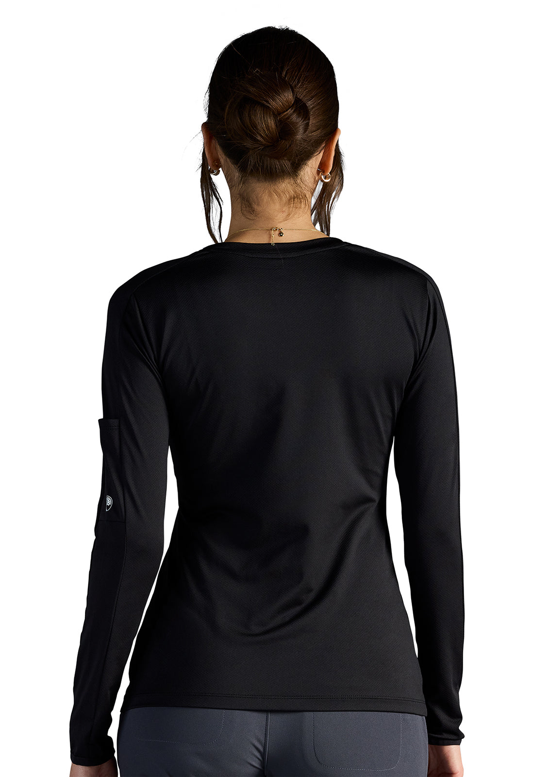 X DR KWANE HH809 Valerie Long Sleeve Scoop Neck Tee Shirt Black Model Image Back | Healing Hands