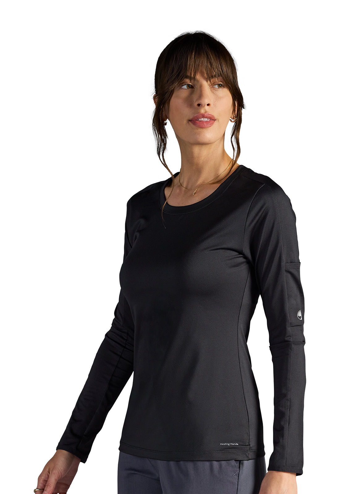 X DR KWANE HH809 Valerie Long Sleeve Scoop Neck Tee Shirt Black Model Image Right Side | Healing Hands