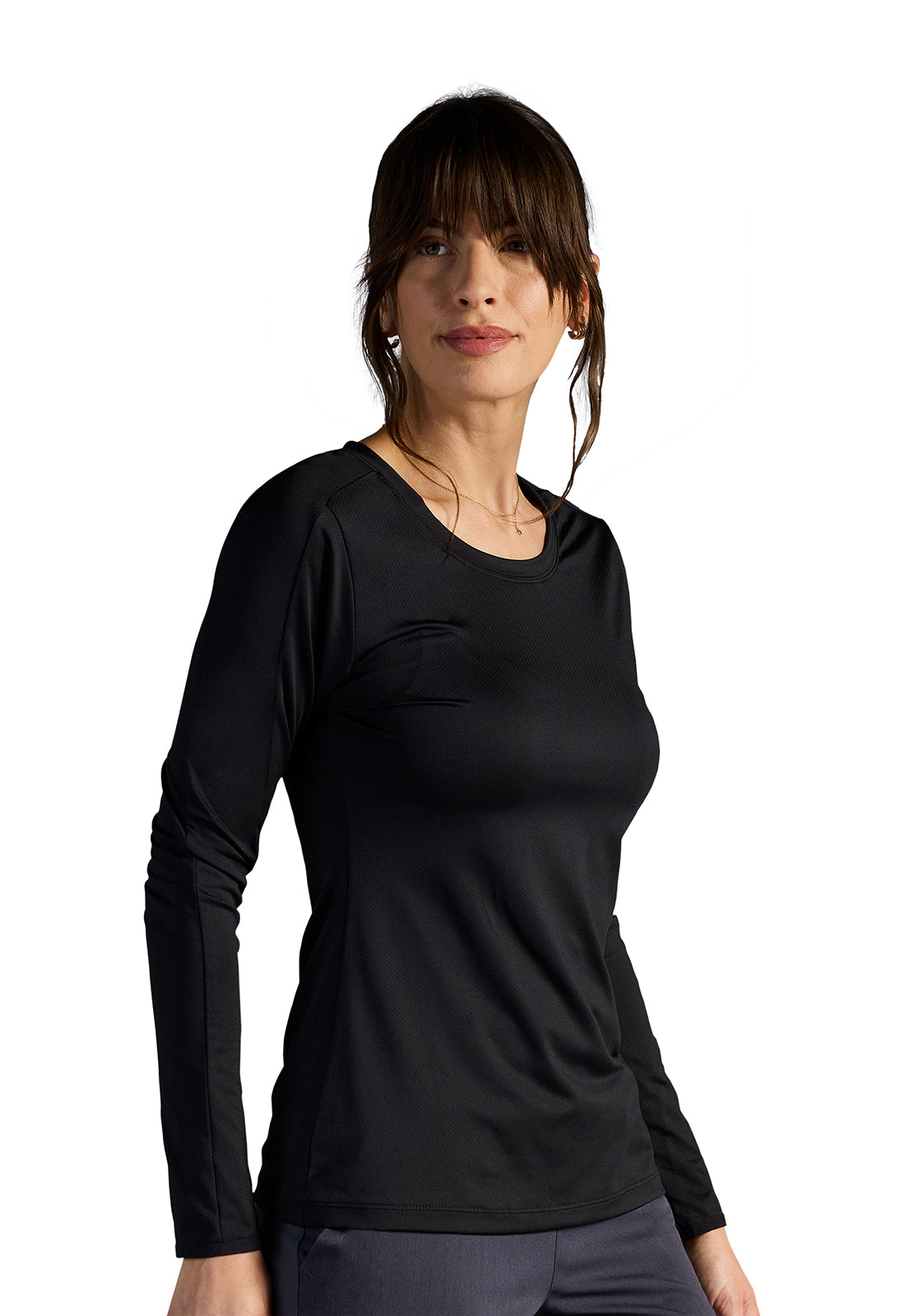 X DR KWANE HH809 Valerie Long Sleeve Scoop Neck Tee Shirt Black Model Image Left Side | Healing Hands