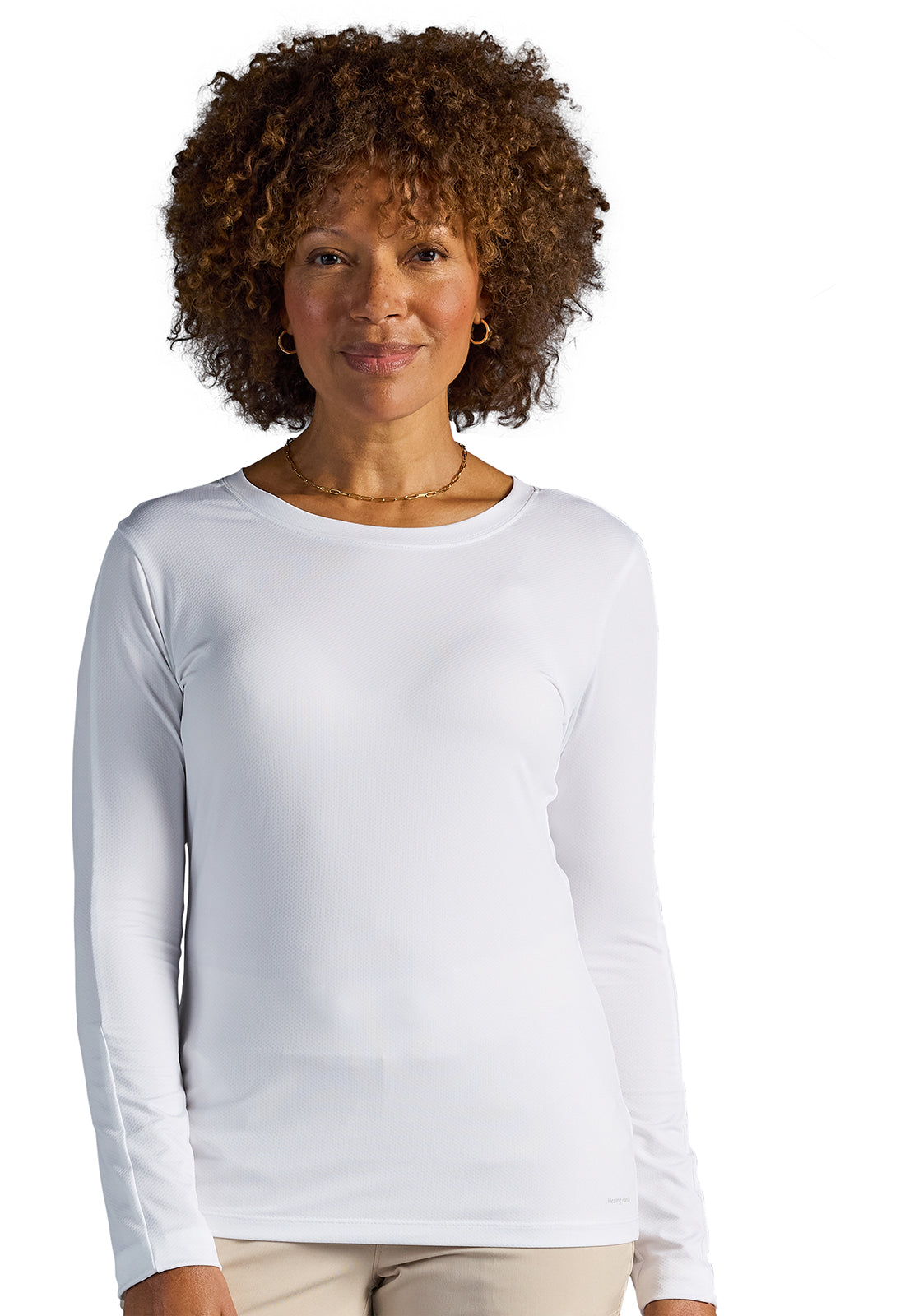 X DR KWANE HH809 Valerie Long Sleeve Scoop Neck Tee Shirt White Model Image Front | Healing Hands